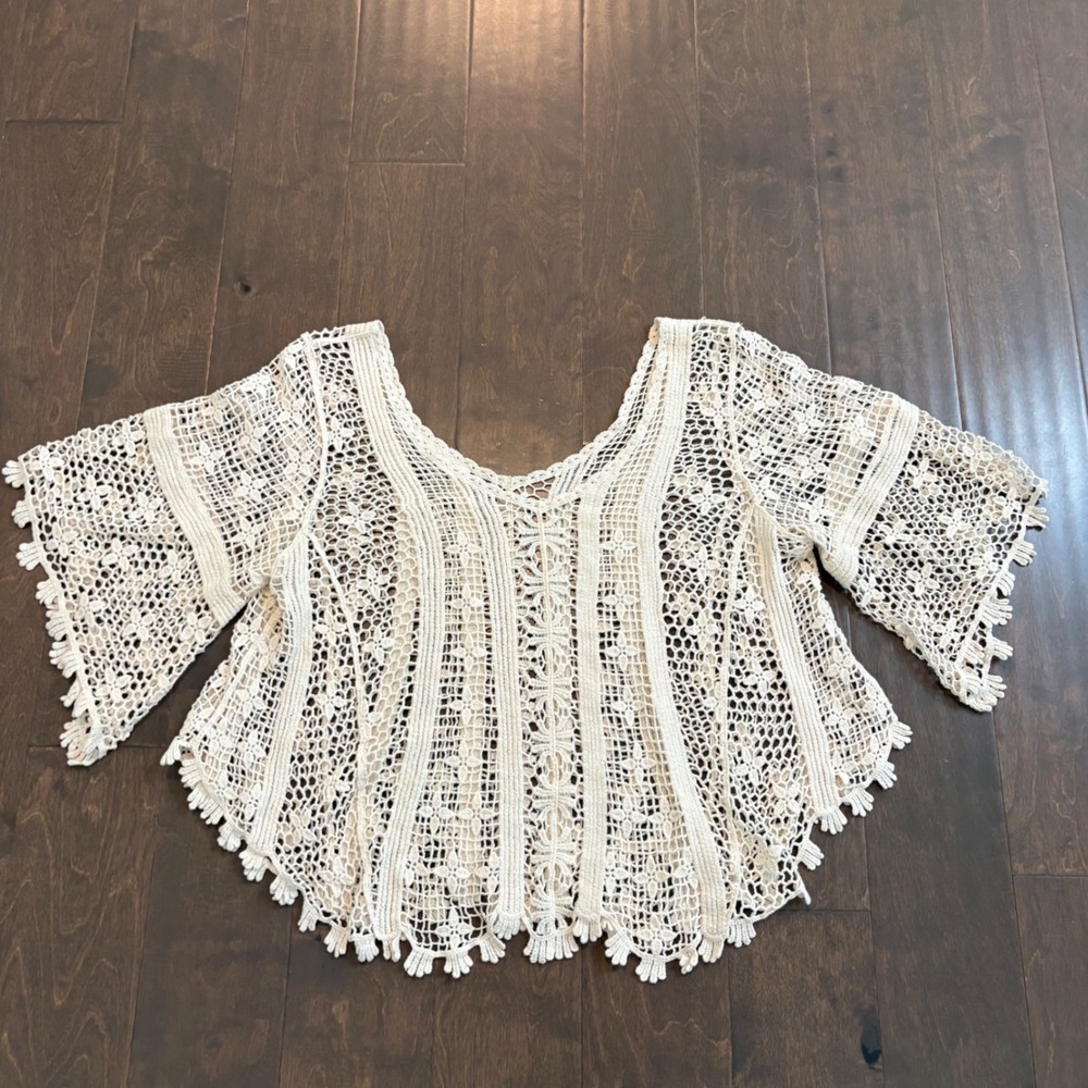 Crochet Lace Poncho Top Women Large Cream Boho Scalloped Fringe Hippie Peasant